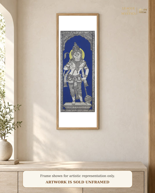 Hanuman Ji Pattachitra shown framed on a wall, royal blue colourway