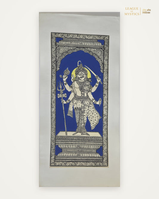 Shiva Pattachitra painting, royal blue colourway, hand-painted Odisha wall art