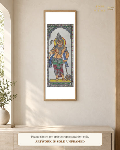 Hanuman Ji Pattachitra shown framed on a wall, saffron colourway