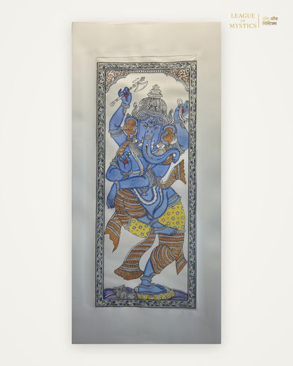 Dancing Ganesha Pattachitra painting, sapphire blue colourway, hand-painted Odisha wall art