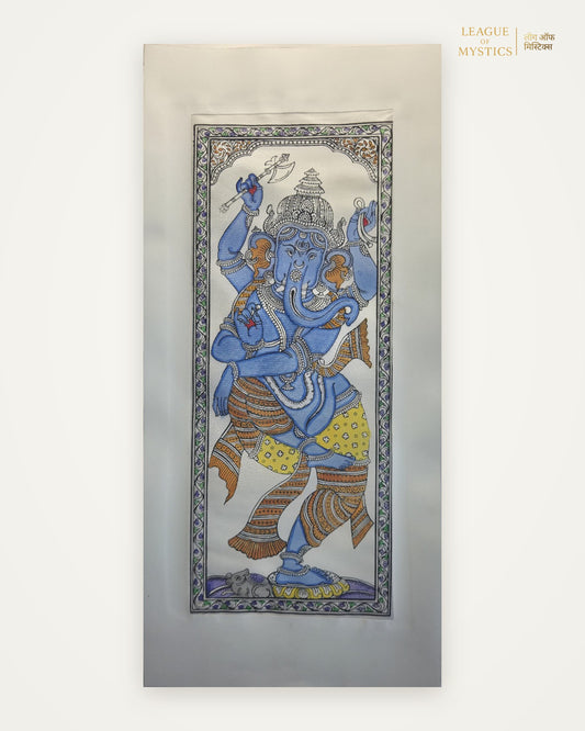 Dancing Ganesha Pattachitra painting, sapphire blue colourway, hand-painted Odisha wall art