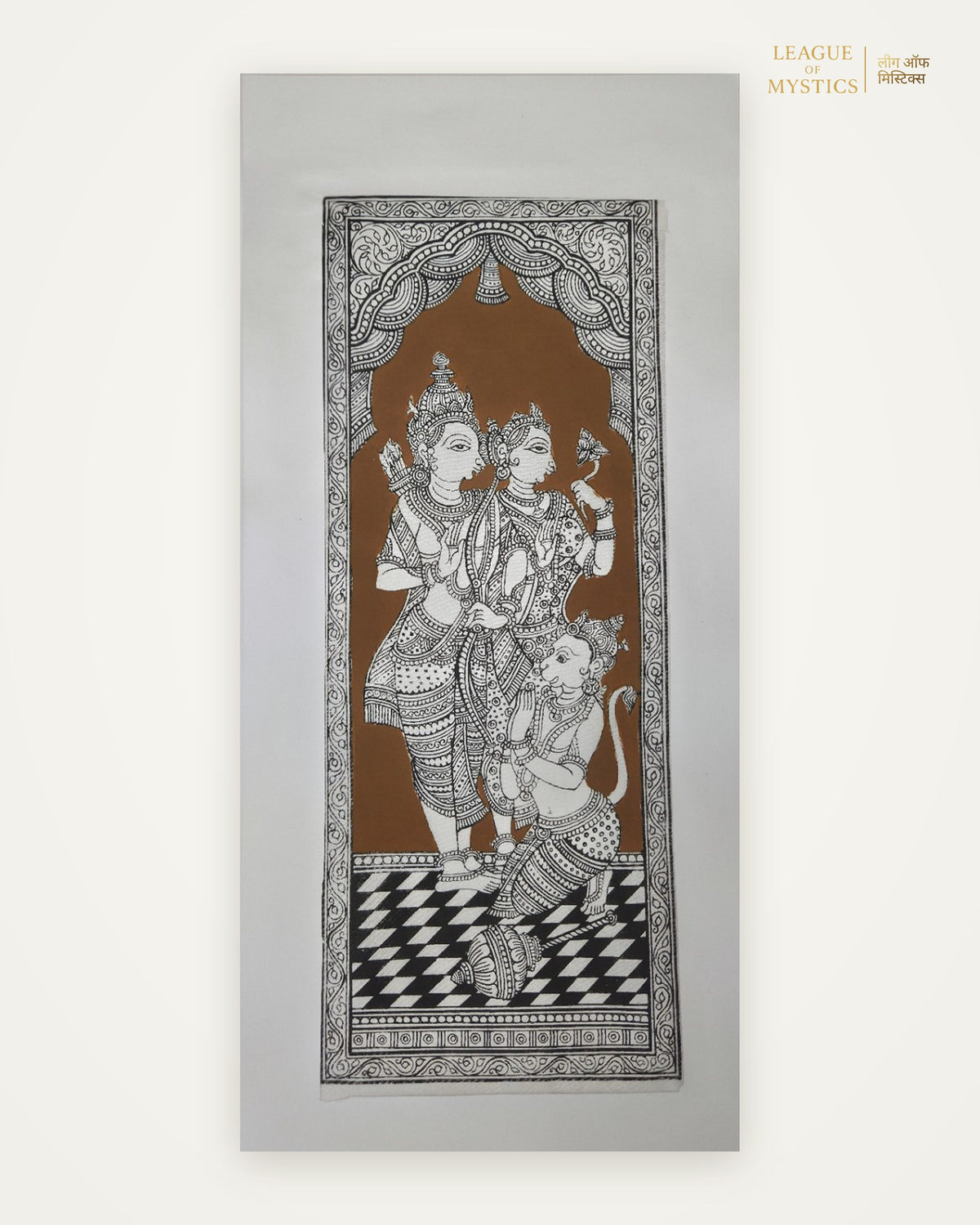 Ram Darbar Pattachitra painting, sienna brown colourway, hand-painted Odisha wall art