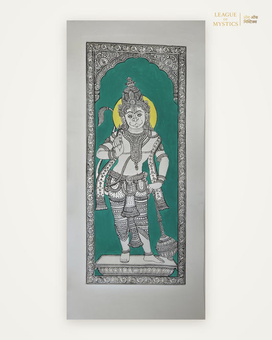 Hanuman Ji Pattachitra painting, teal colourway, hand-painted Odisha wall art