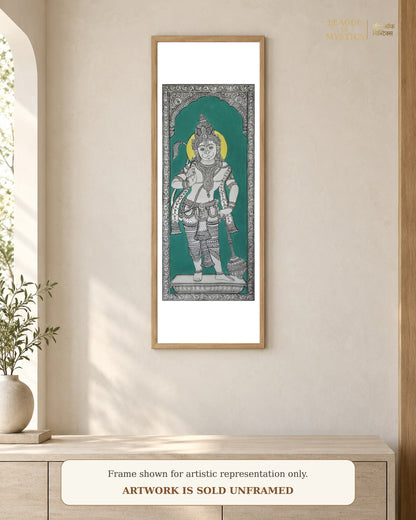 Hanuman Ji Pattachitra shown framed on a wall, teal colourway