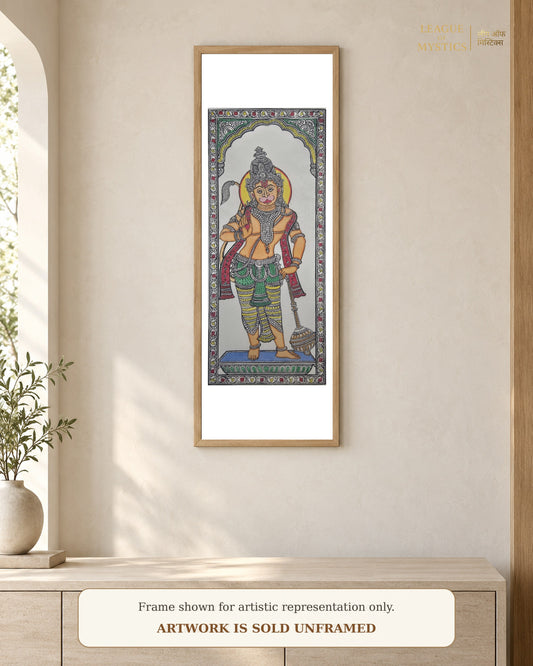 Hanuman Ji Pattachitra shown framed on a wall, terracotta colourway